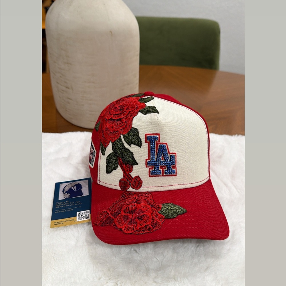 Red and Beige SnapBack Hat with Red Floral Design and Sapphire Crystals